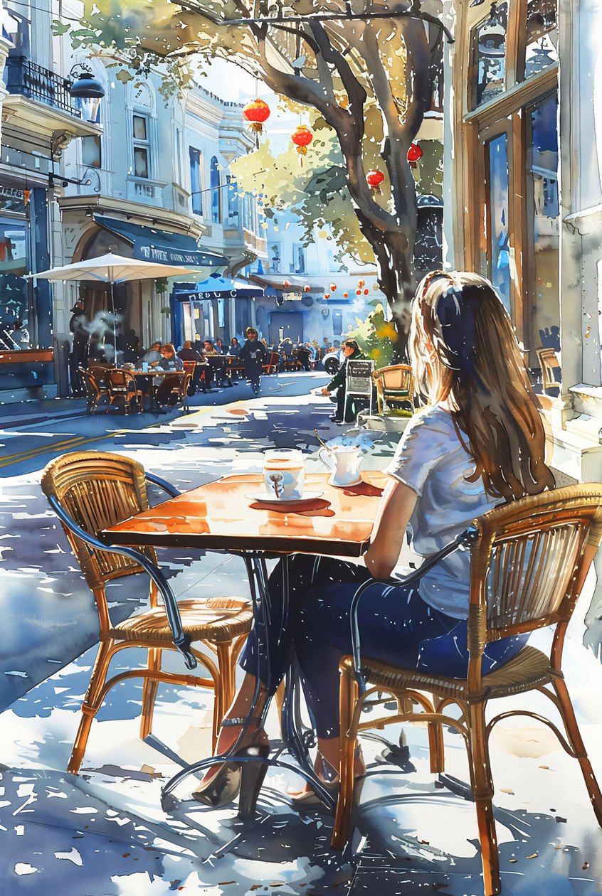 Uma mulher senta-se numa cadeira num café numa rua de Paris, decoração de parede emoldurada de F. Abderrahim
