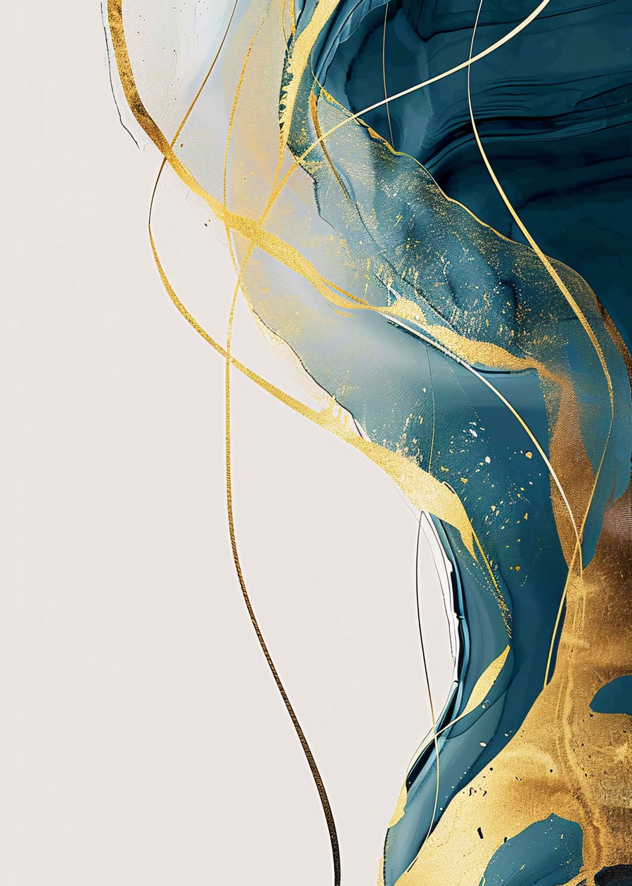 Abstrato minimalista dourado e turquesa, ideias de decoração de parede de F. Abderrahim