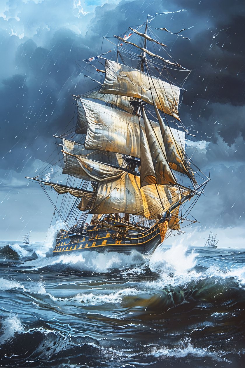 Pintura a óleo de uma fragata com velas cheias no meio das ondas de um mar agitado de F. Abderrahim
