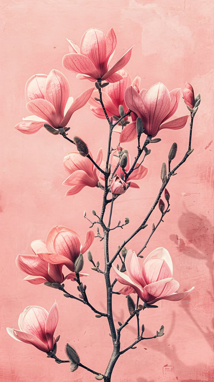 Flores rosa e cinzentas minimalistas, decoração de parede botânica para o quarto de F. Abderrahim