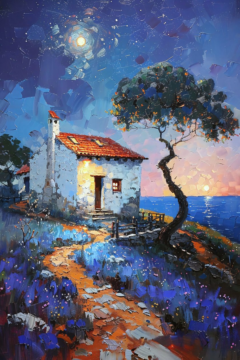 Casa de campo com vista para o mar sob o luar, paisagens de Portugal de F. Abderrahim