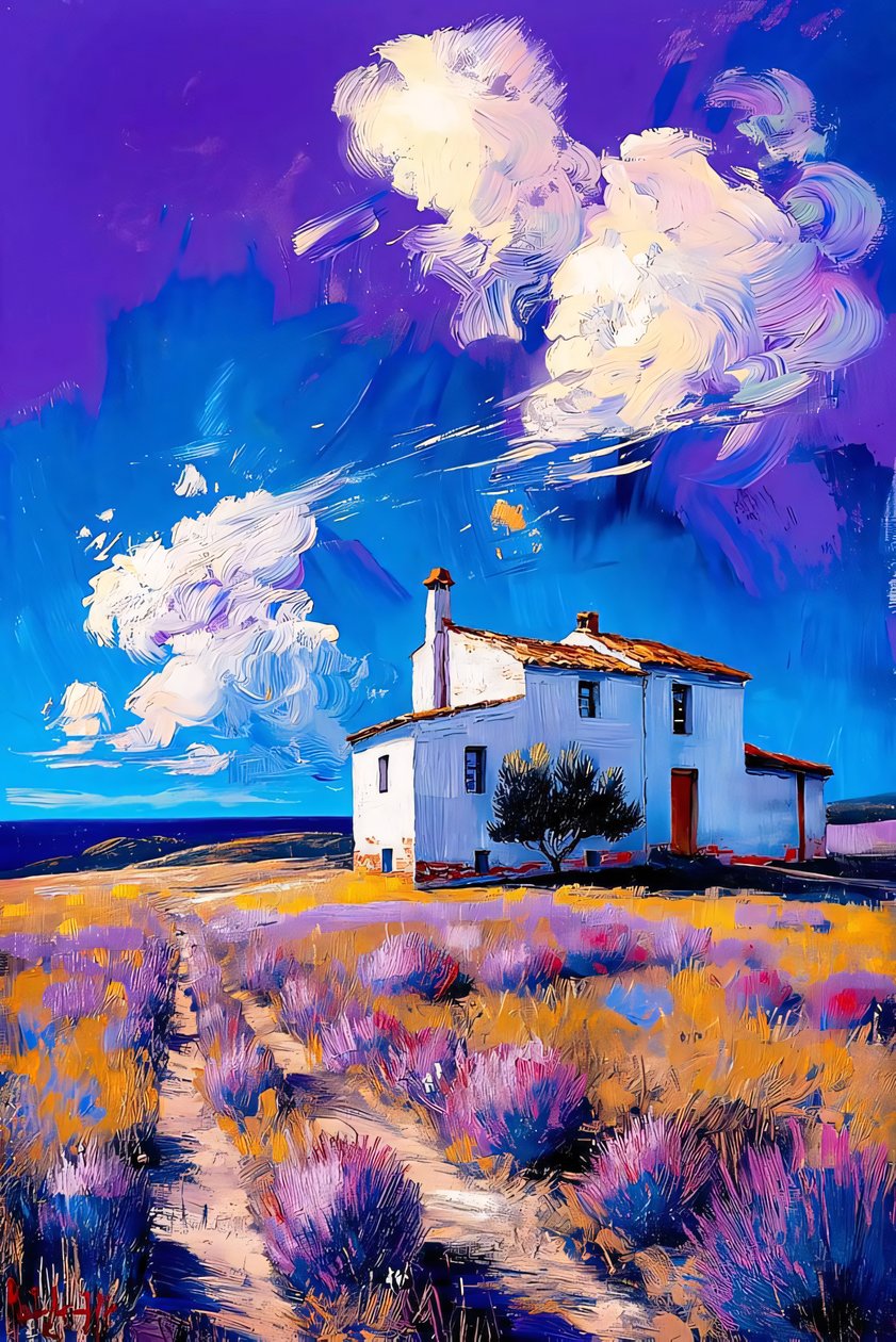 Paisagem de casa de campo, campo de lavanda, céu azul e nuvens brancas de F. Abderrahim