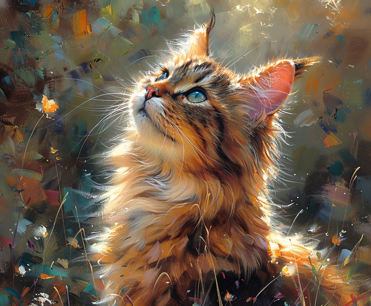 Gato felpudo a olhar para cima, animal de estimação bonito Pintura realista, decoração de parede emoldurada de F. Abderrahim