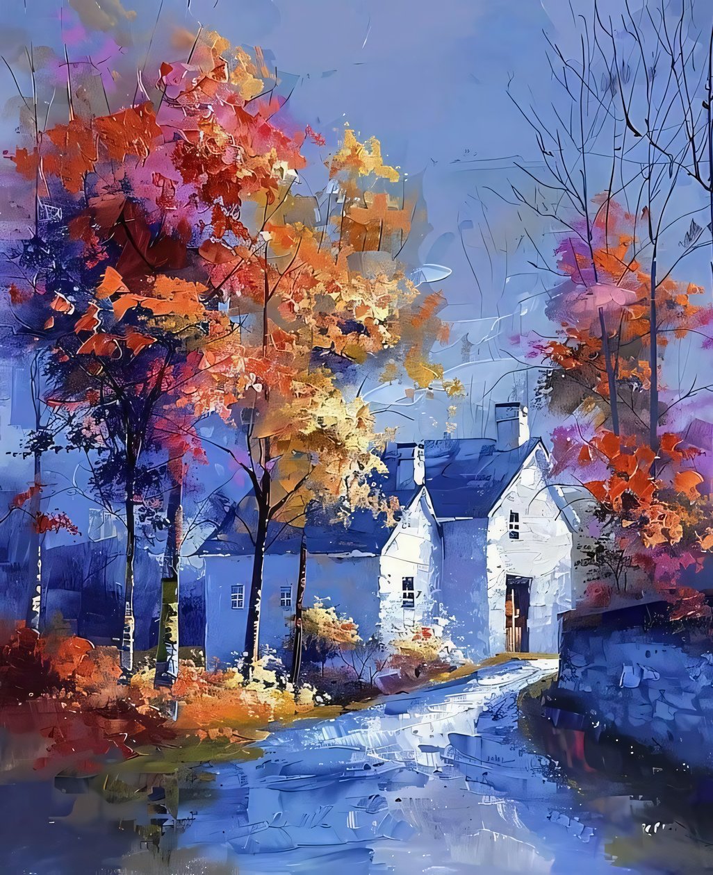 Pintura de paisagem casas de quinta e casas de campo em tons azuis frios de F. Abderrahim