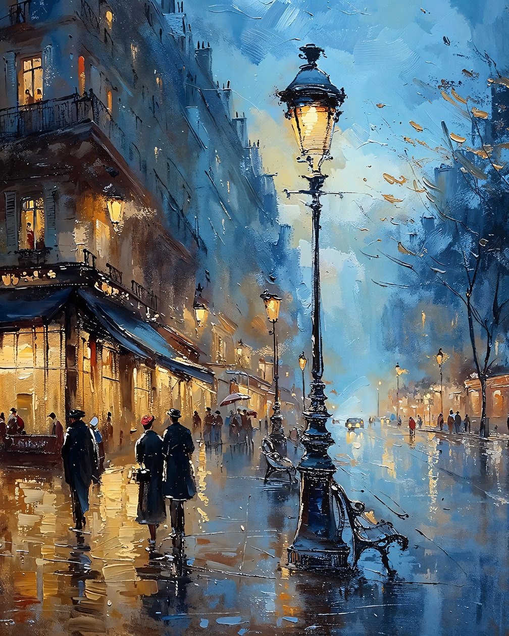 Noite depois da chuva, rua de Paris no estilo impressionista, decoração de parede clássica de F. Abderrahim