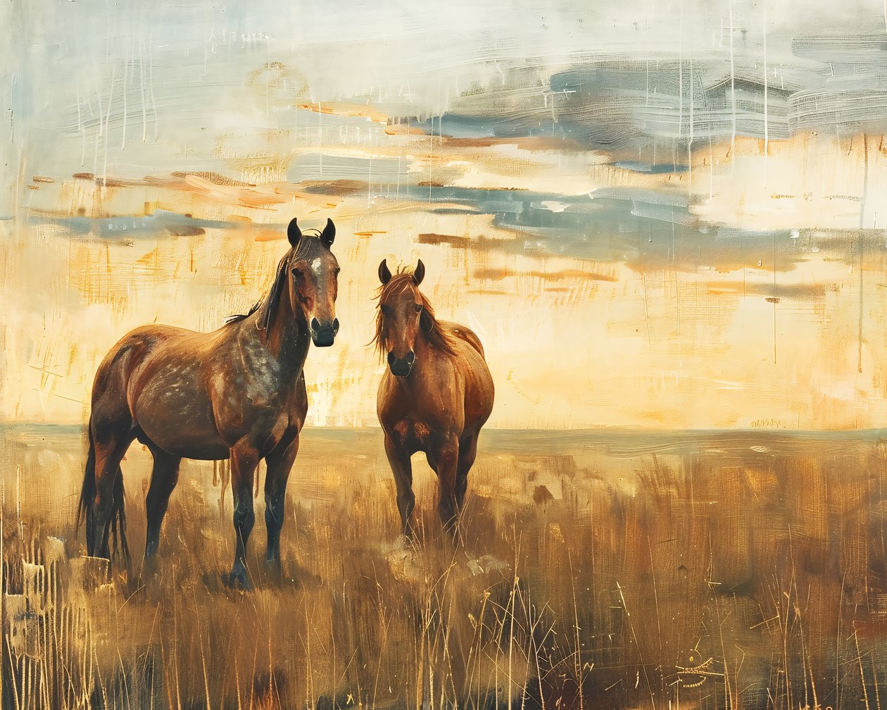 Pintura a óleo Cavalos majestosos num campo ao pôr do sol, Tela e decoração de parede de F. Abderrahim