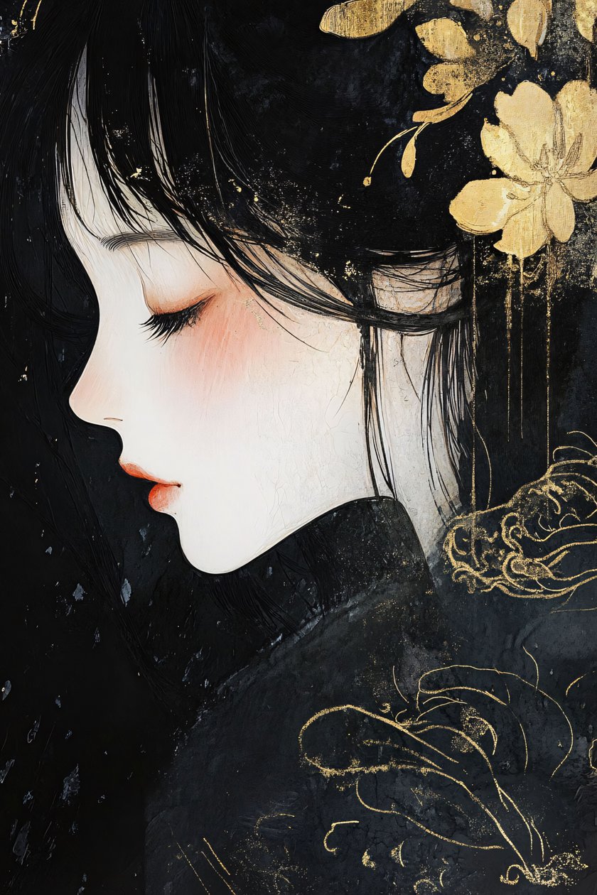 Pintura em laca preta dourada com folha de ouro, menina bonita de F. Abderrahim