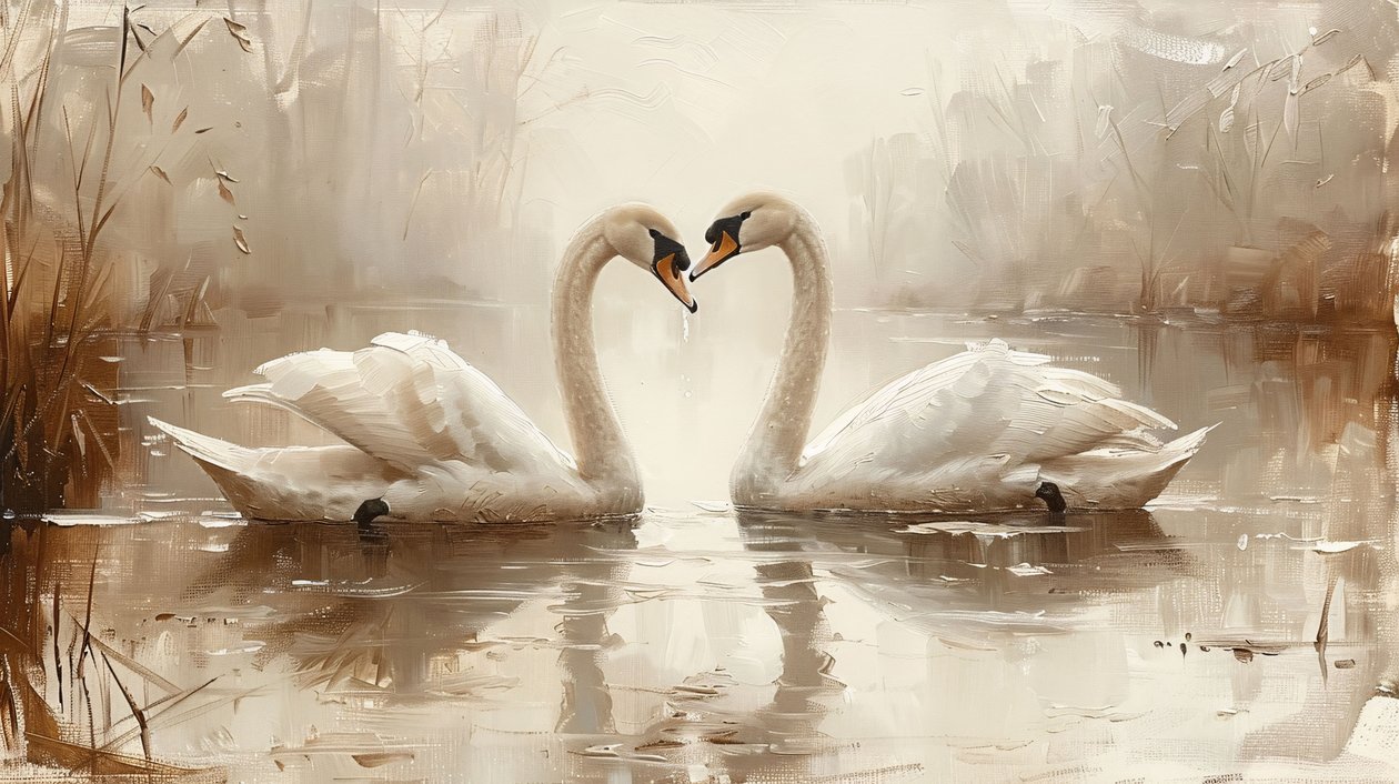 Dois cisnes face a face, Tela e decoração de parede com moldura de F. Abderrahim