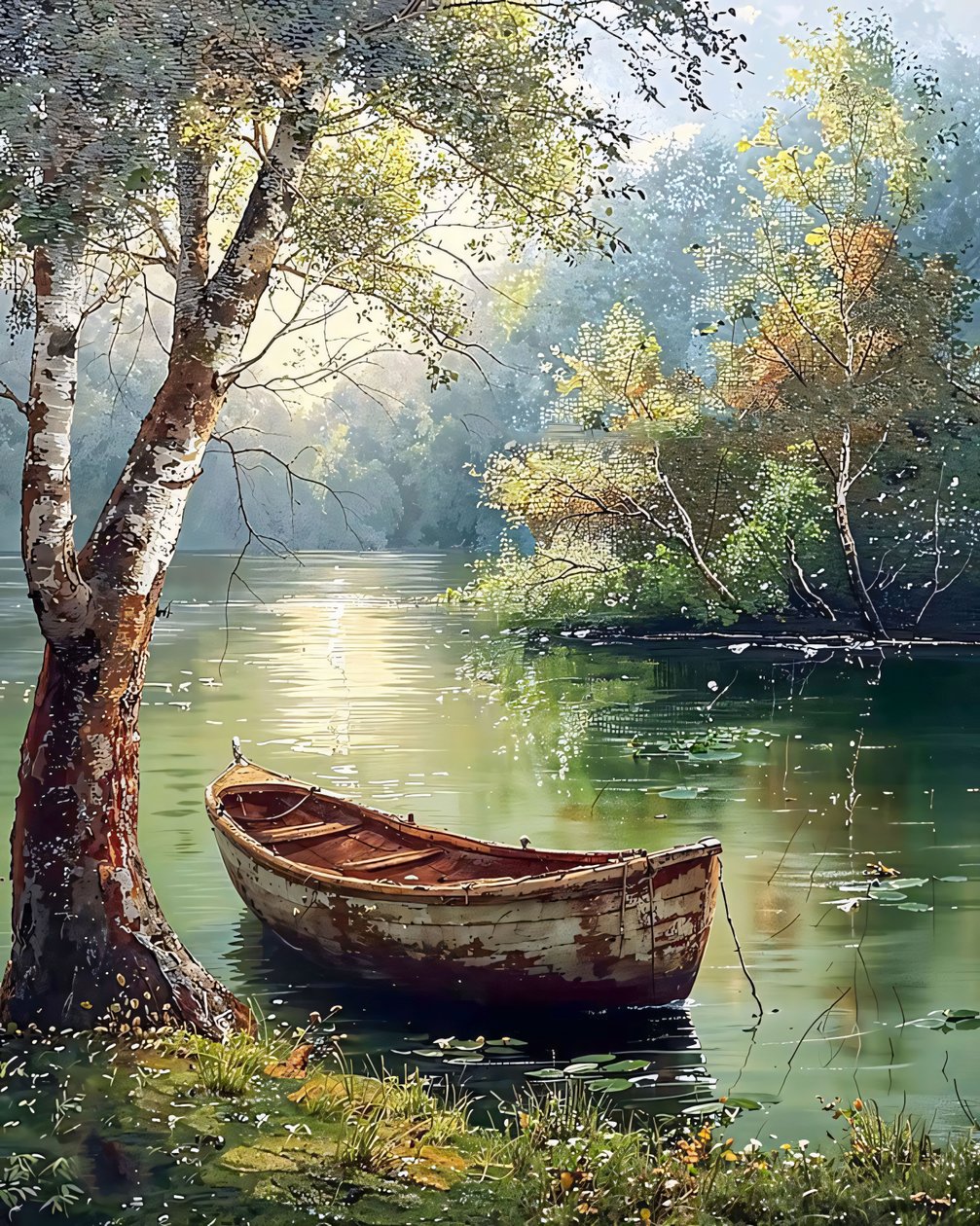 Barco de madeira velho sentado na água ilustração, ideias de decoração de parede de F. Abderrahim