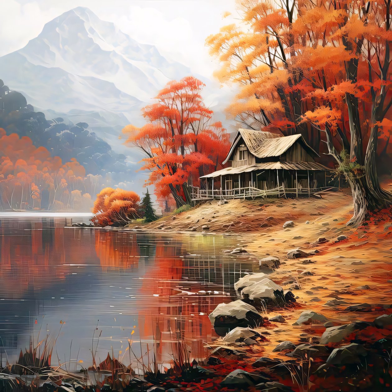 Pintura de uma cabana na floresta junto a um rio, decoração de parede para o quarto de F. Abderrahim