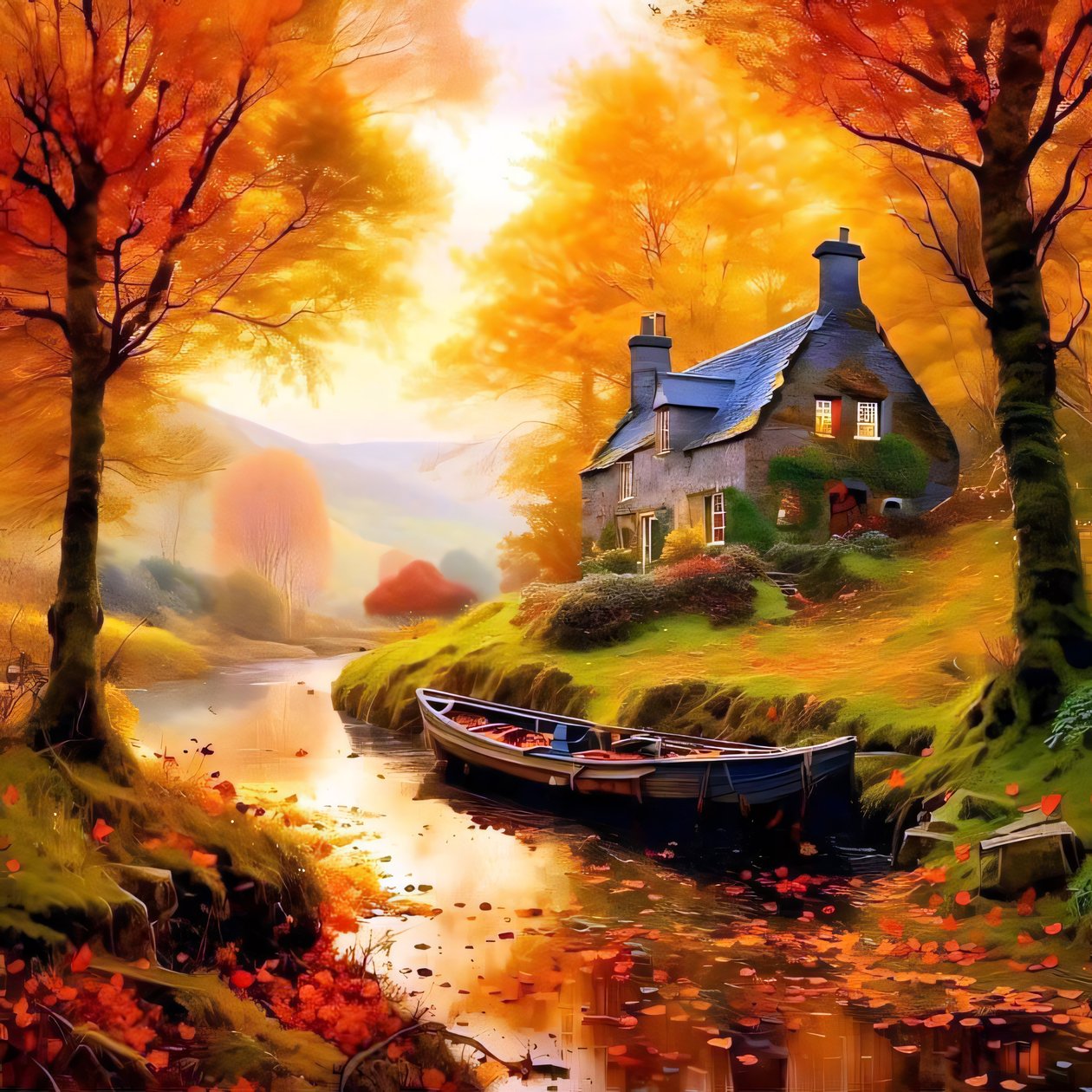 Pintura de uma cabana no bosque com um riacho, paisagem de outono de F. Abderrahim