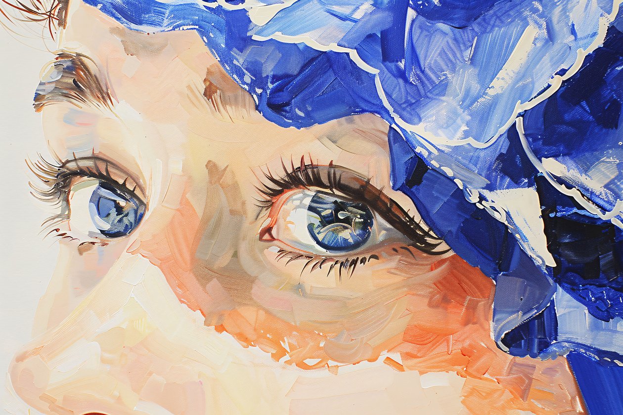 Pintura a óleo realista índigo cinematográfico, olho azul feminino em grande plano de F. Abderrahim