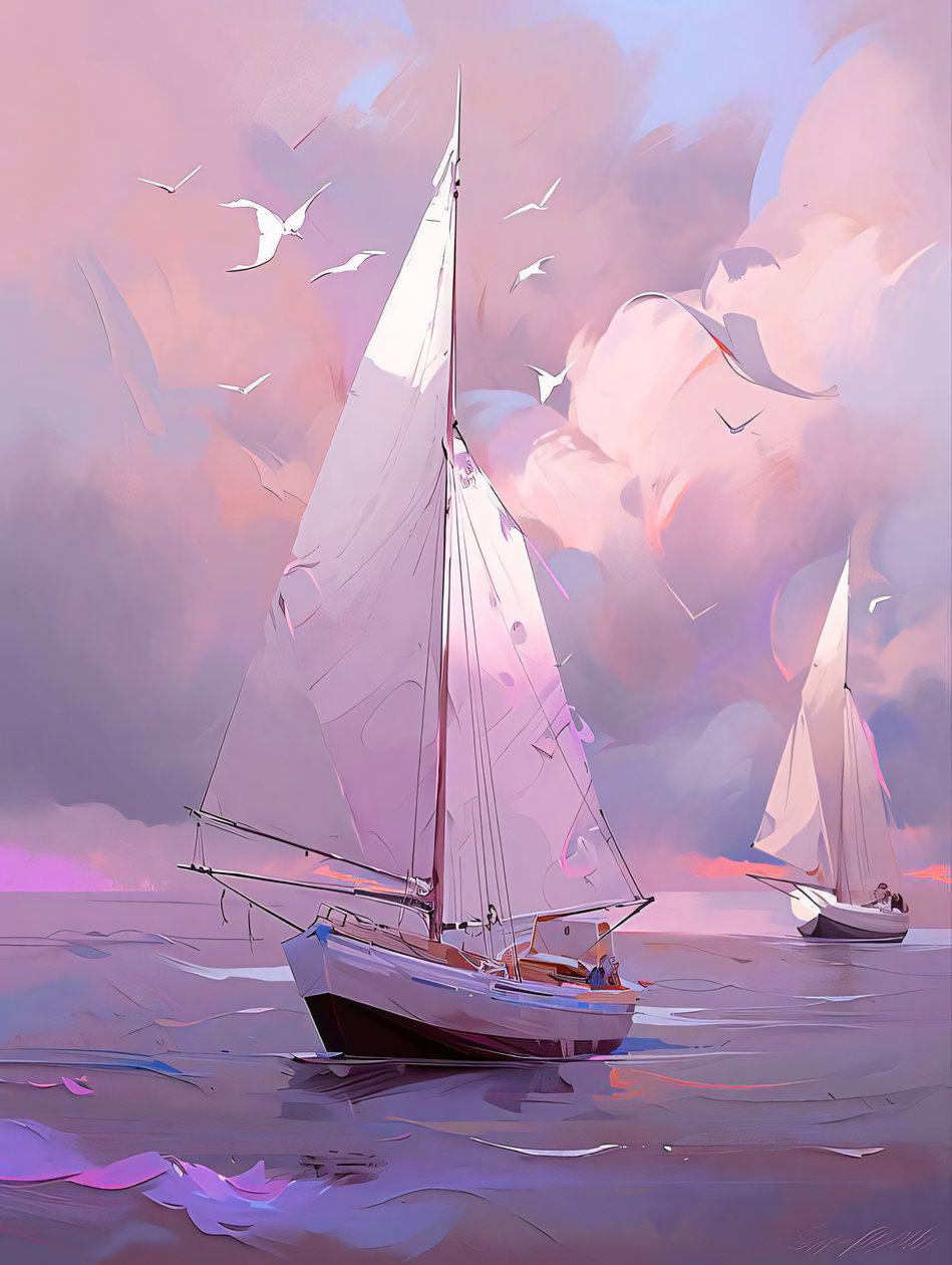 Barco à vela num fundo branco e azul, Tela e decoração de parede com moldura de F. Abderrahim