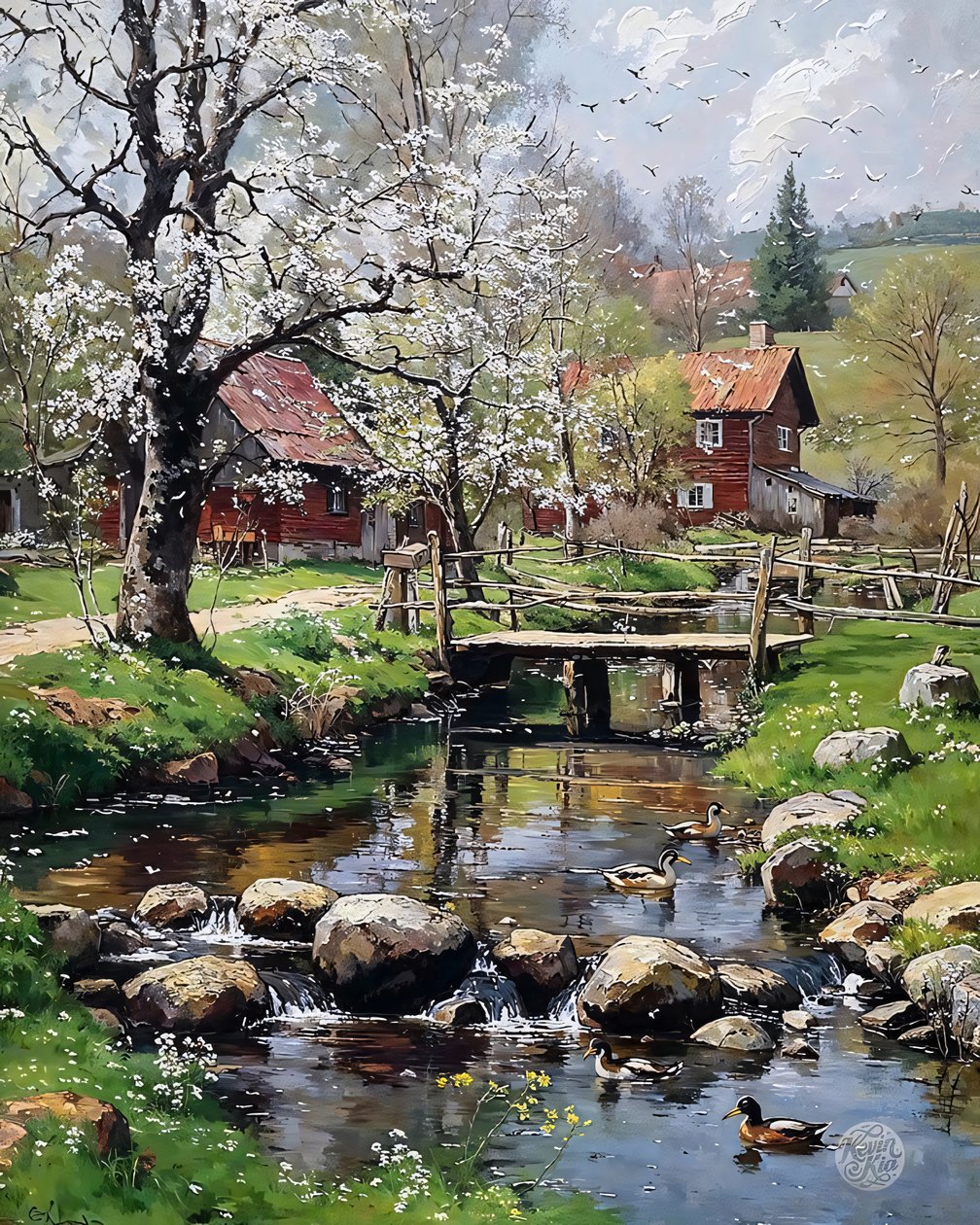 A casa de campo do moinho na primavera, óleo sobre tela, decoração de parede com moldura de F. Abderrahim