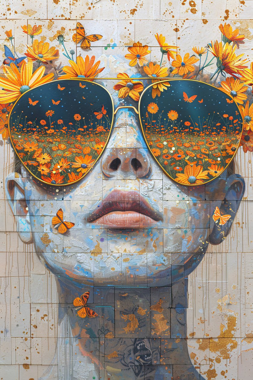 Rosto de mulher de perto com flores do Olimpo, decoração de parede moderna de F. Abderrahim