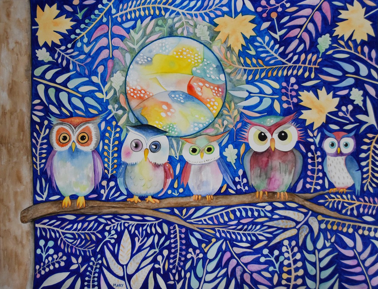 Corujas à noite de Marys Watercolors