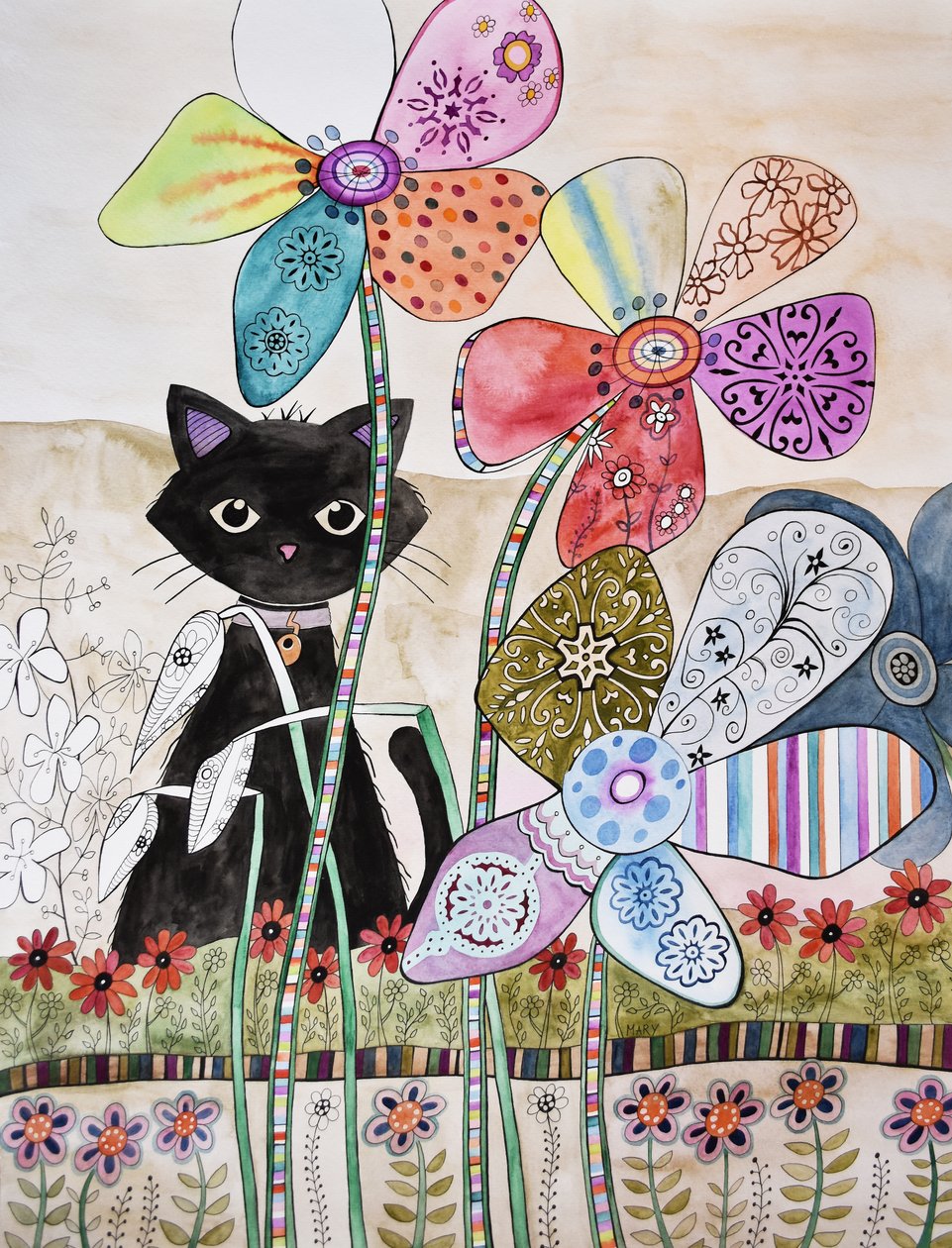 Gato atrás de flores de Marys Watercolors