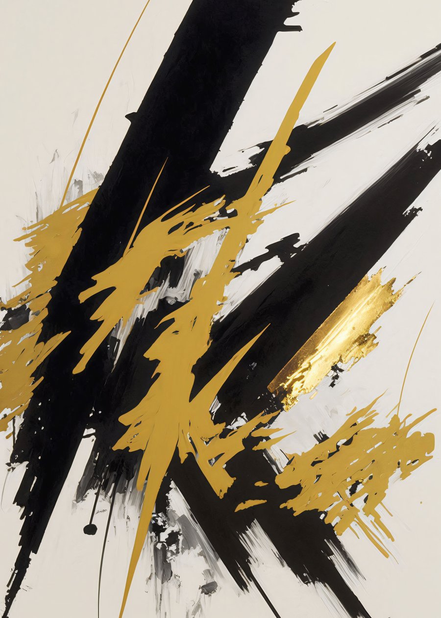 Pintura abstrata a ouro e preto, pinceladas contemporâneas, impressões de telas personalizadas online de F. Abderrahim