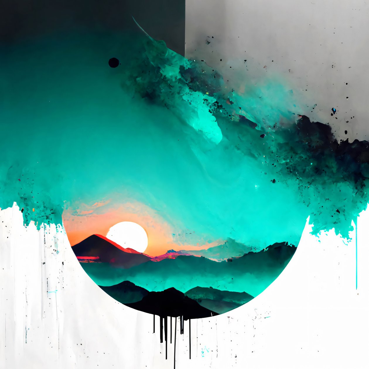 Abstrato minimalista do nascer do sol em branco com toques de azul-petróleo, impressão em tela sob demanda de F. Abderrahim
