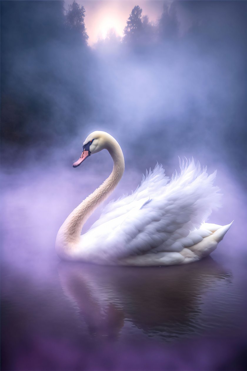 Cisne branco com asas abertas numa superfície de água calma, decoração de parede de F. Abderrahim