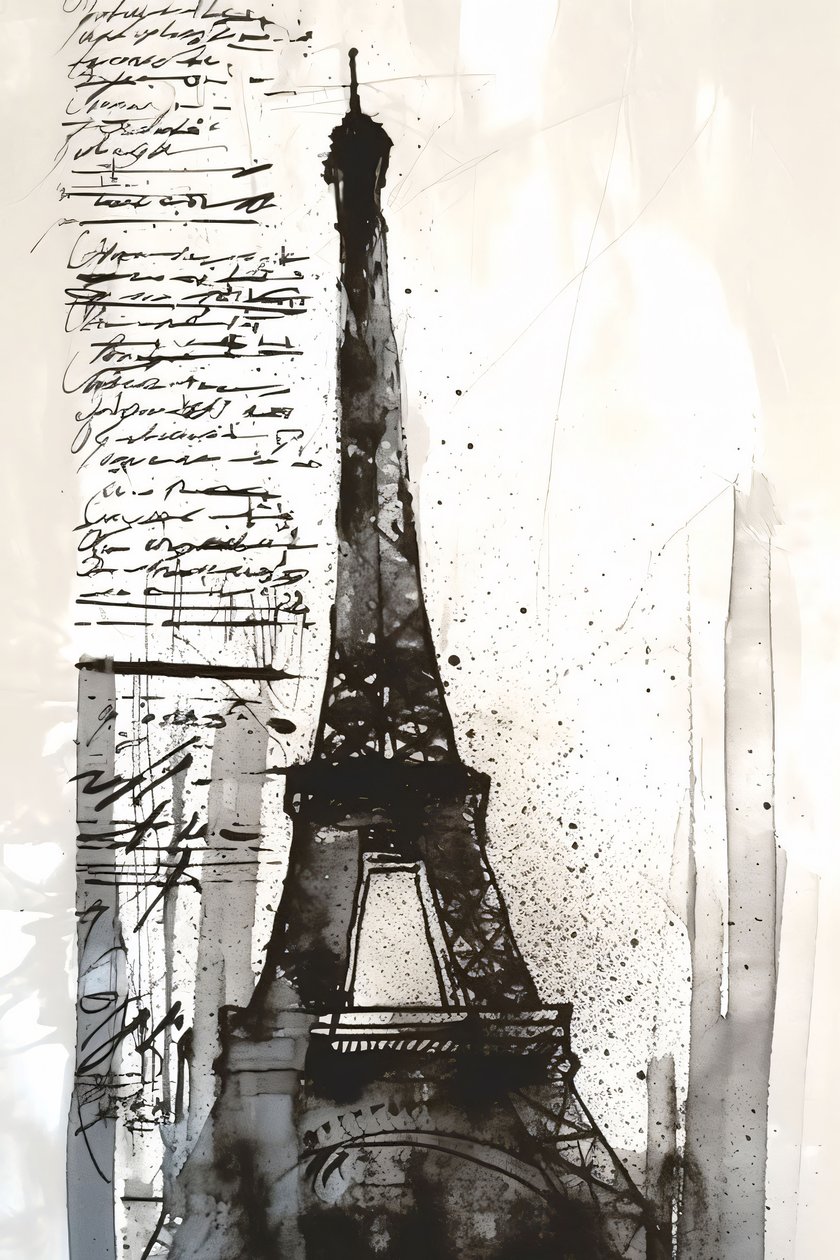 Pintura impressionista da Torre Eiffel com salpicos de tinta preta, impressão de tela emoldurada a pedido de F. Abderrahim