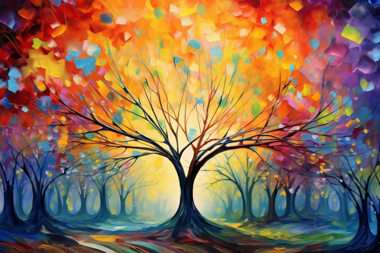 Pintura acrílica de árvore colorida. Pinceladas, Natureza e Paisagem Posters e Impressões murais de F. Abderrahim