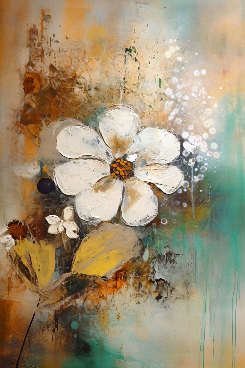 Ballet de textura espessa floral, flores ocres amarelo preto, decoração de parede clássica de F. Abderrahim