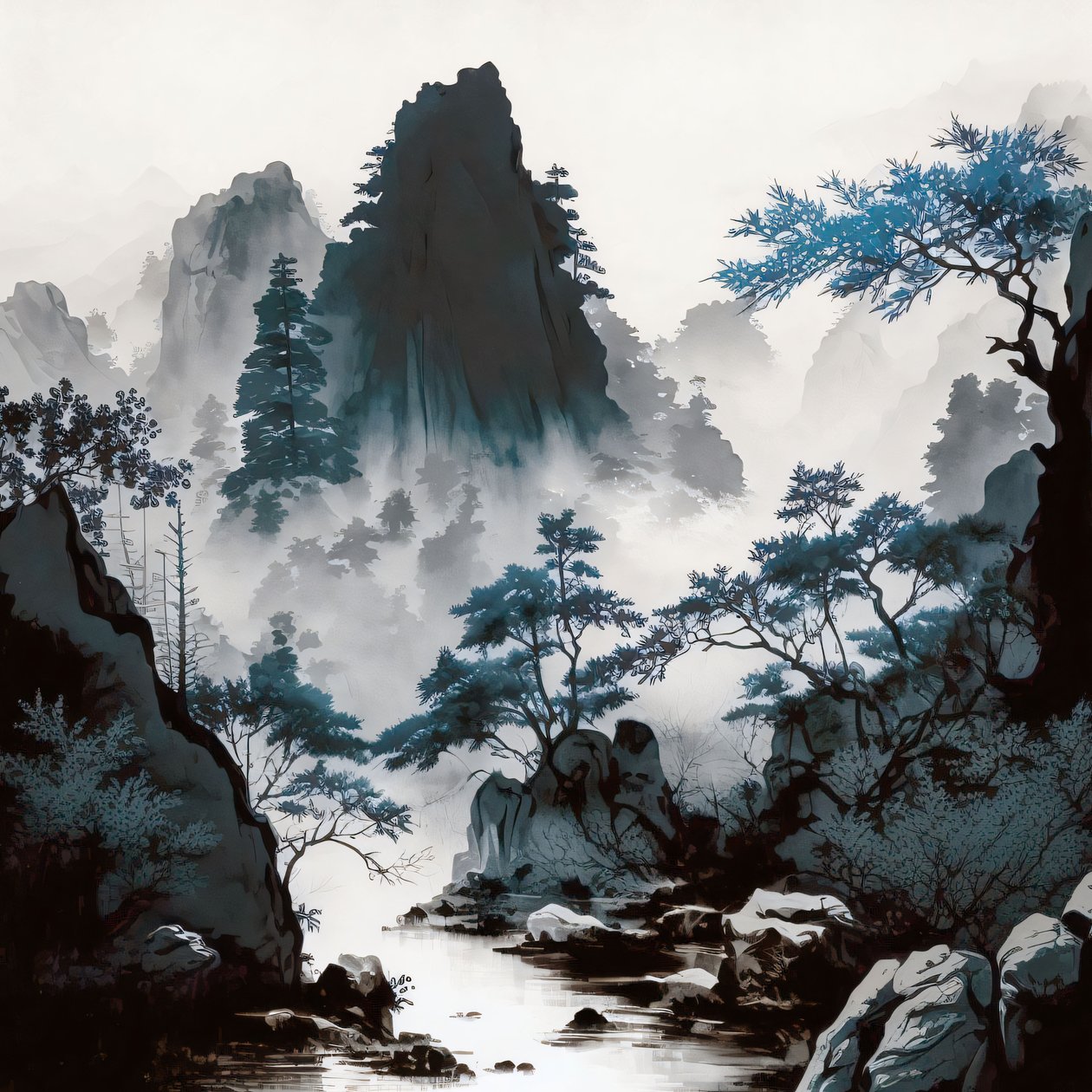 Cianótipo Névoa do rio da montanha em estilo Shan Shui, impressões de decoração de parede emolduradas de F. Abderrahim