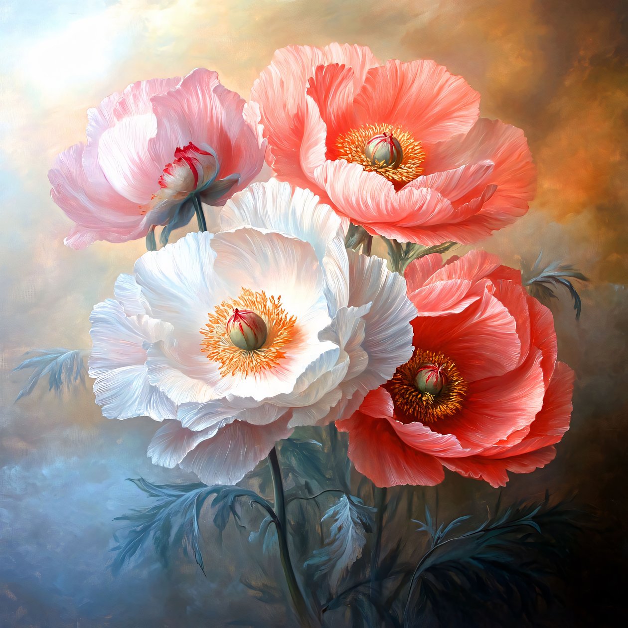 Pintura a óleo, Peónias e papoilas grandes e delicadas, decoração de parede e impressões em tela de F. Abderrahim