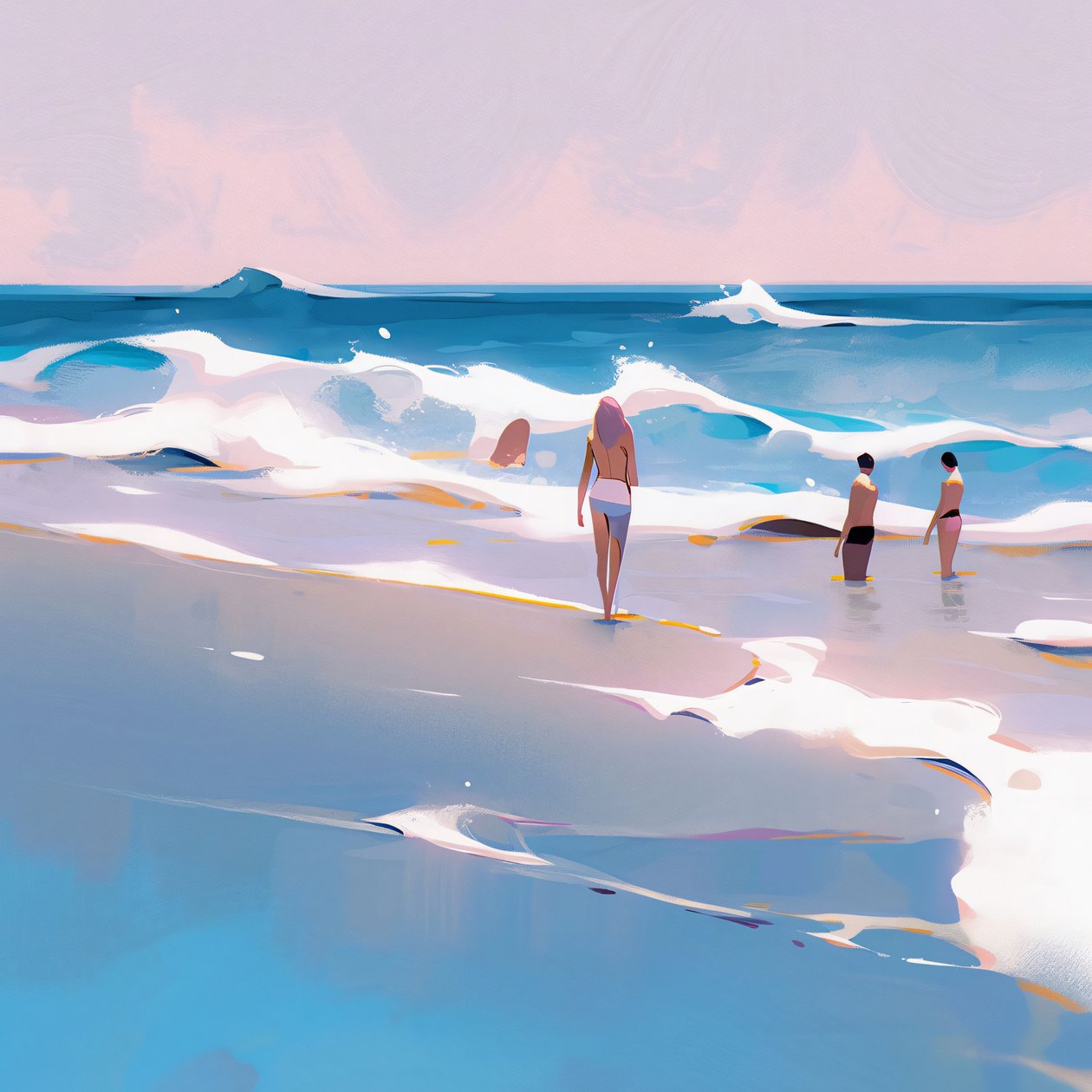 Pessoas na praia Aquarela minimalista com ondas, decoração de parede para venda de F. Abderrahim