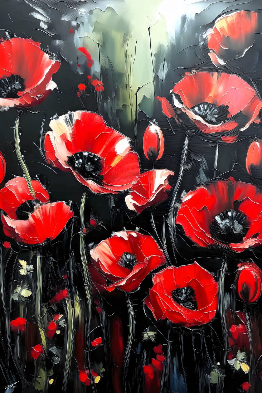 pintura com faca, papoilas vermelhas vivas aplicadas em camadas espessas, impressões de arte mural online de F. Abderrahim