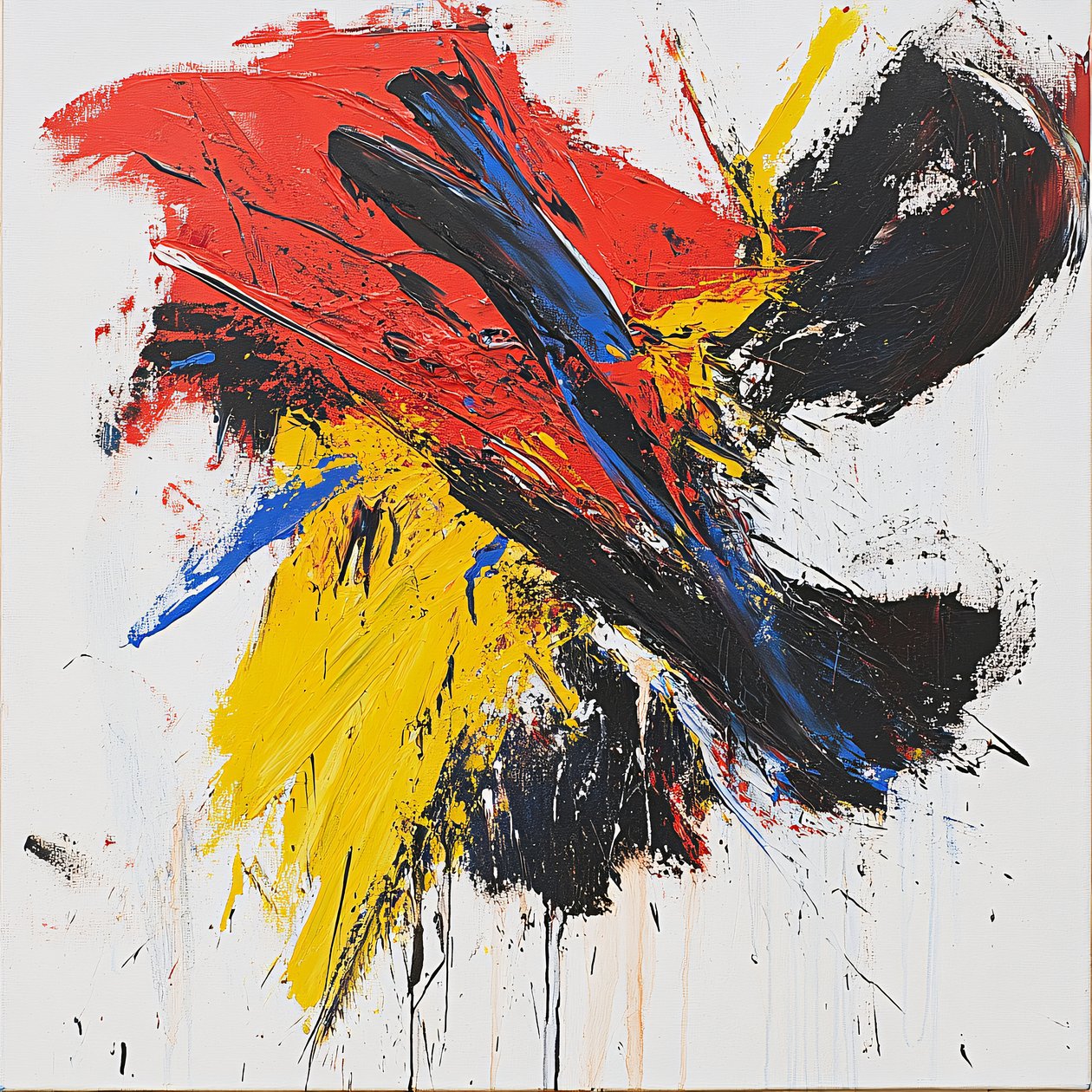 Pintura Abstrata Colorida com Pinceladas, Vermelho Azul Amarelo e Preto; impressões em tela de F. Abderrahim