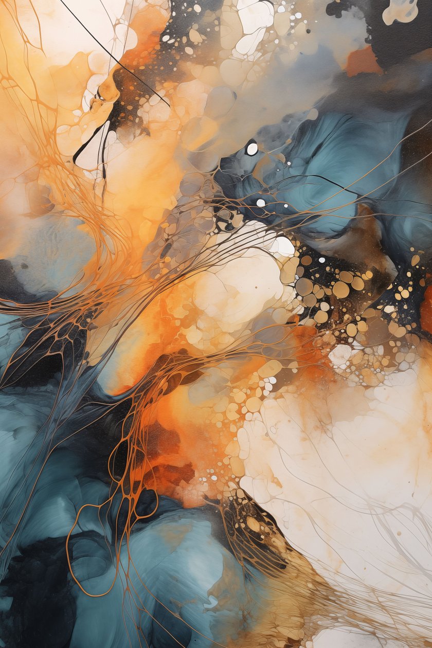 Pintura abstrata, onda azul e laranja, fundo branco, Impressões personalizadas em tela de F. Abderrahim