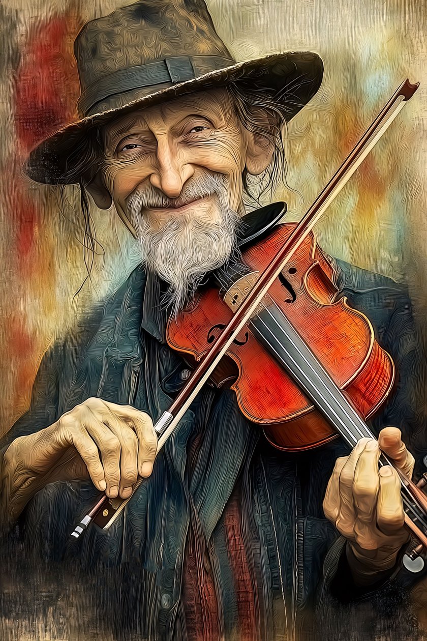 Músico de rua a tocar música jazz no seu violino, , Decoração de parede com moldura de F. Abderrahim