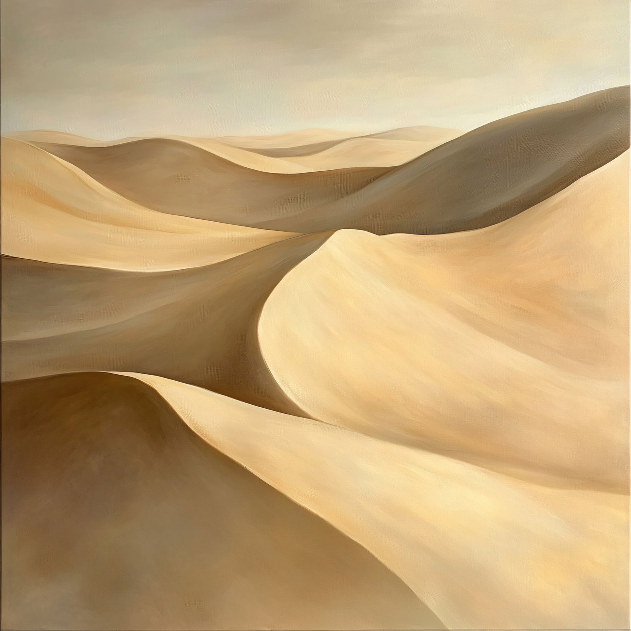 Uma paisagem desértica, tons dourados e colinas ondulantes sob um céu pastel, decoração de parede de F. Abderrahim