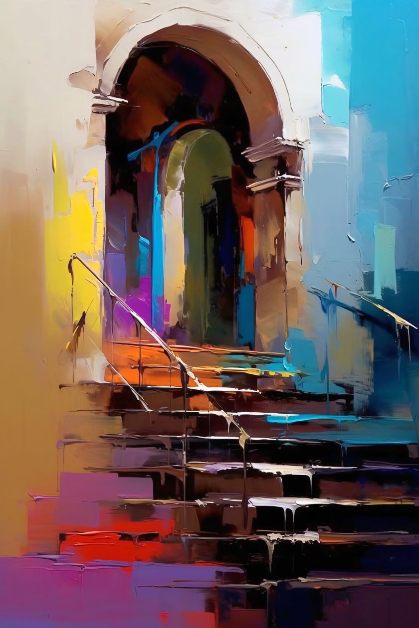 Composição arquitetónica abstrata, pintura impressionista, decoração de parede de F. Abderrahim