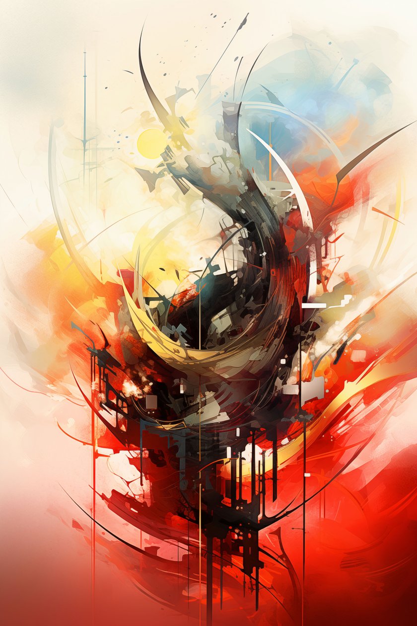 Pintura abstrata de um desenho colorido, cores laranja e azul, decoração de parede de F. Abderrahim