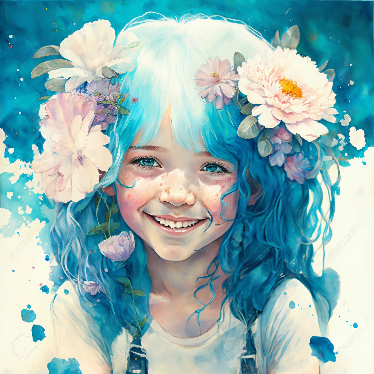 desenho a aguarela, uma menina bonita em estilo Loish, decoração de parede com moldura de F. Abderrahim