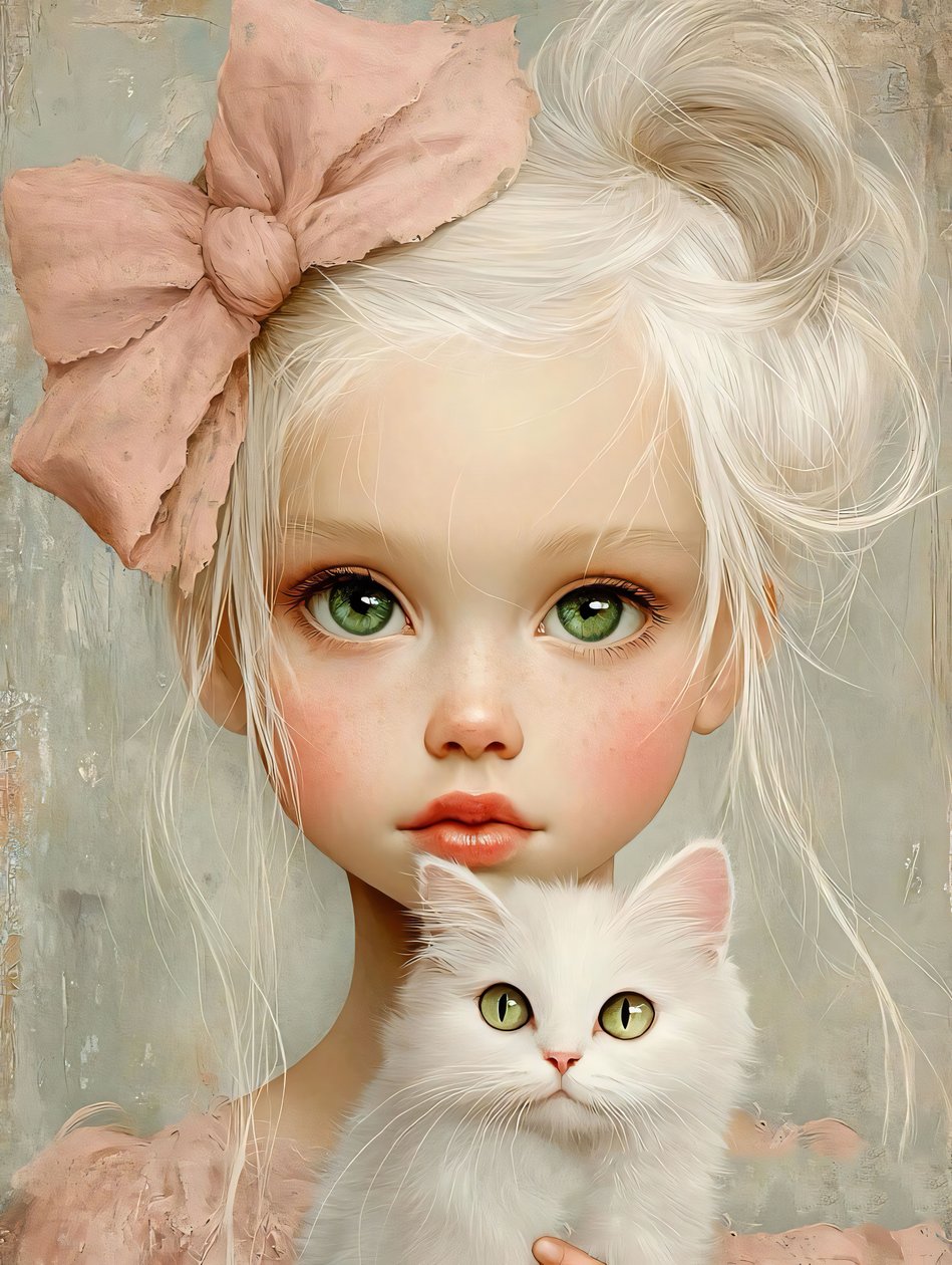 Menina com um gato , decoração de parede | impressão a pedido de F. Abderrahim