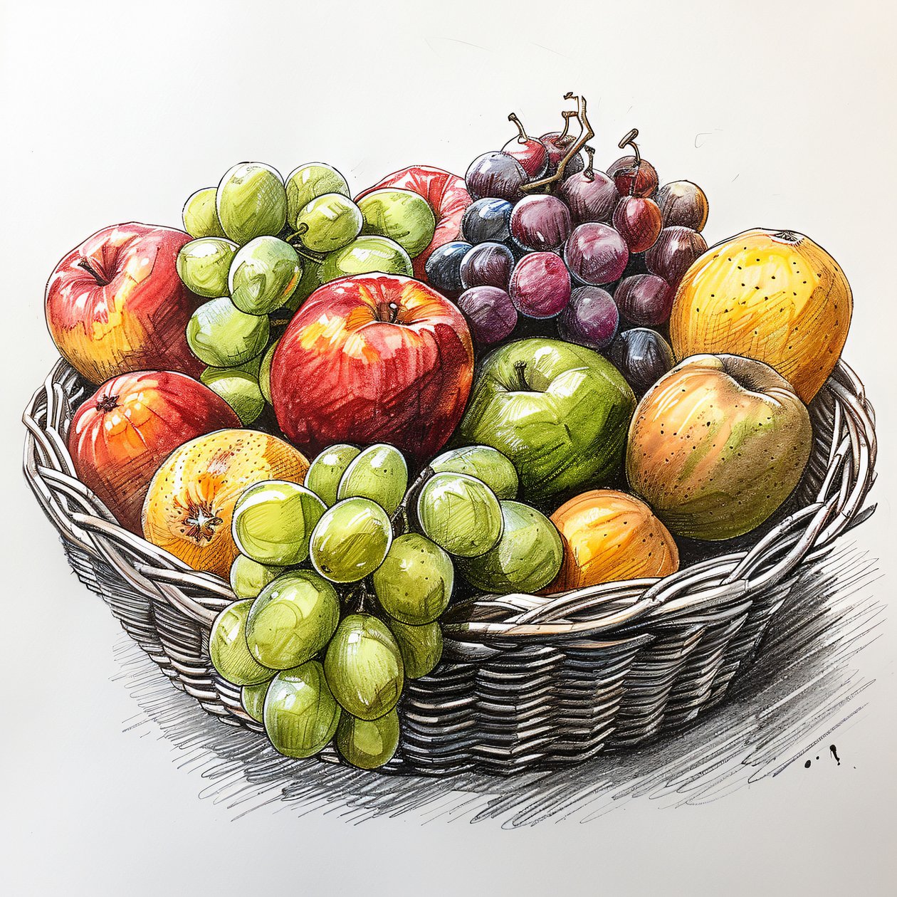 um cesto de fruta, desenho simples de uma natureza morta, impressões murais a pedido de F. Abderrahim
