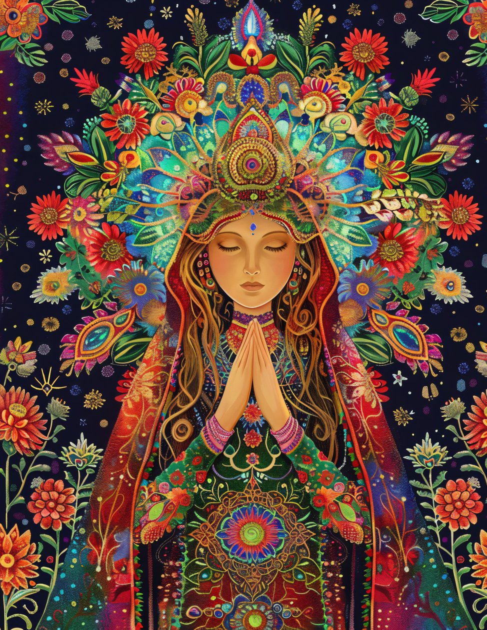 Uma mulher bonita, Estilo de Alex Grey, Alegria e cores, Padrões espirituais e de mandala, impressões de arte em tela de F. Abderrahim