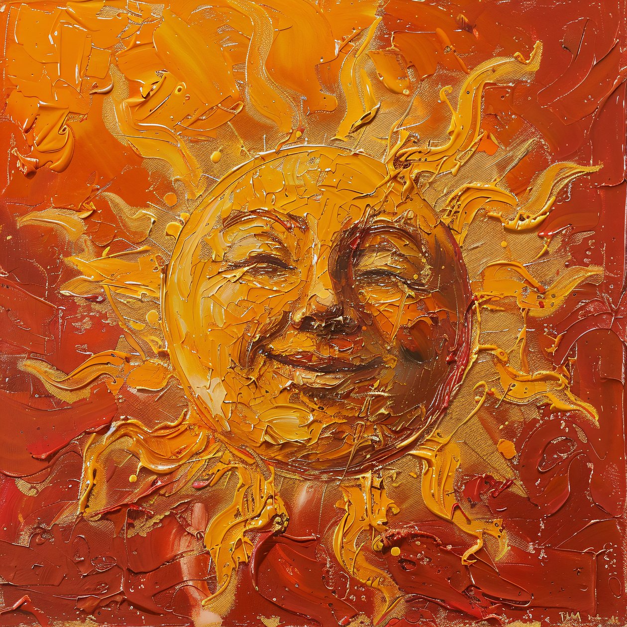 Um sol rechonchudo pintado sobre um fundo vermelho e velado, impressões de arte em tela de F. Abderrahim