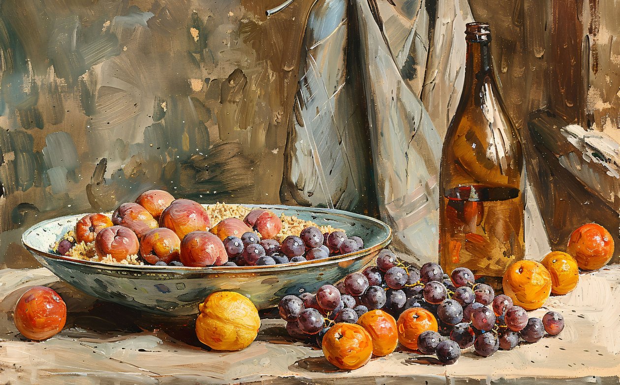 Uma natureza morta, frutas e garrafa de vinho, pintura a pincel, Decoração de parede para venda de F. Abderrahim
