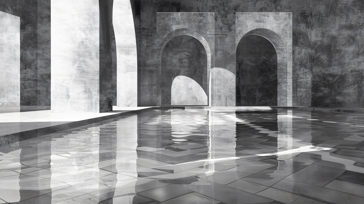 Arcos e portões num palácio de mármore, arquitetura, Preto e branco, impressões de decoração de parede de F. Abderrahim
