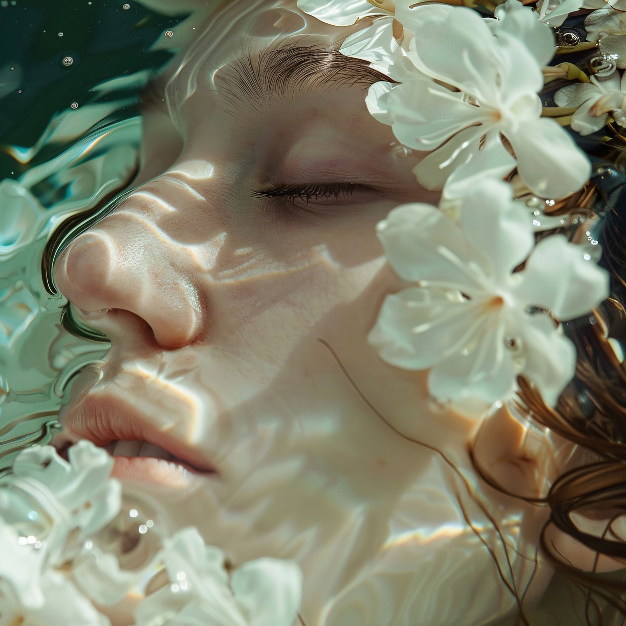 Mulher jovem e bonita a apreciar o aroma de flores brancas, arte moderna de parede em tela de F. Abderrahim