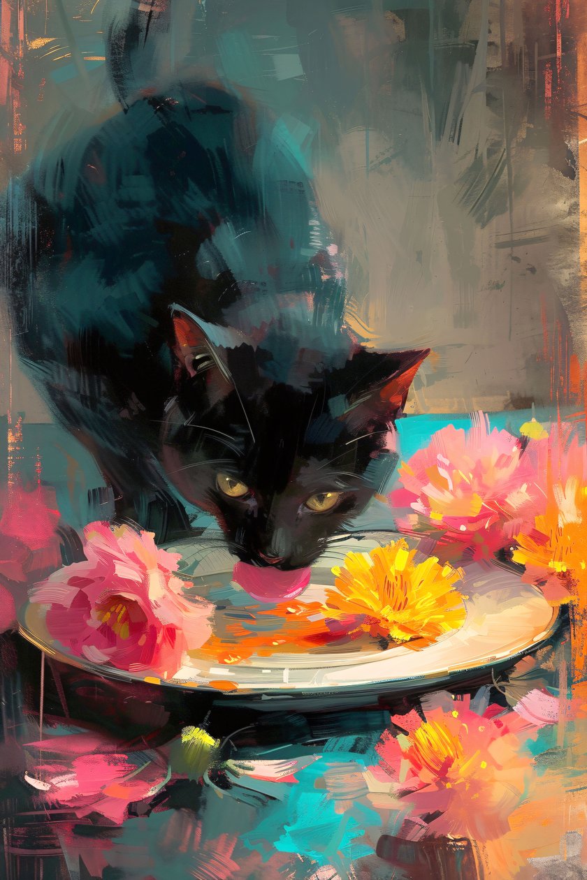 Gato preto a comer num prato de flores, pintura impressionista, impressões de arte online de F. Abderrahim