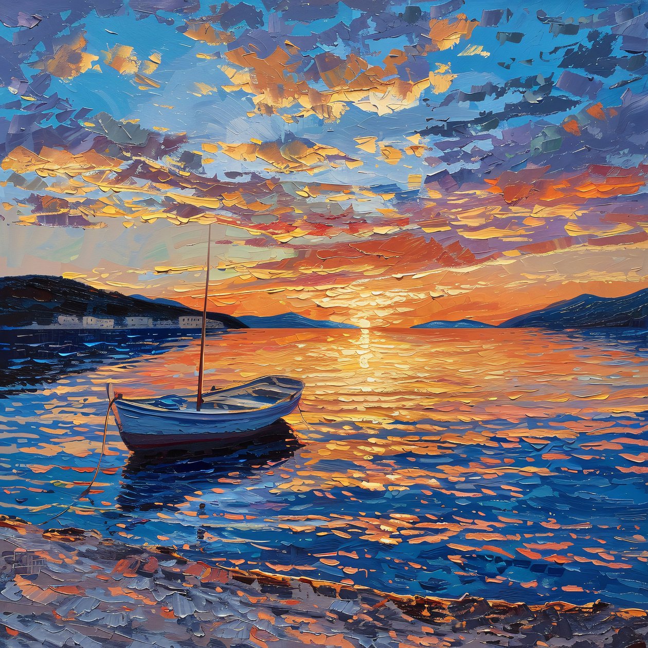 Barco no rio ao pôr do sol Bonito, Dalmácia, Croácia Óleo sobre tela, decoração de parede para venda de F. Abderrahim