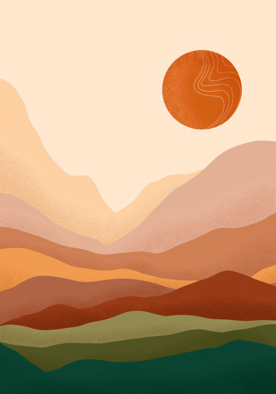 Poster minimalista Bohemian Sunrise  Mountain, impressão em tela online a pedido de F. Abderrahim