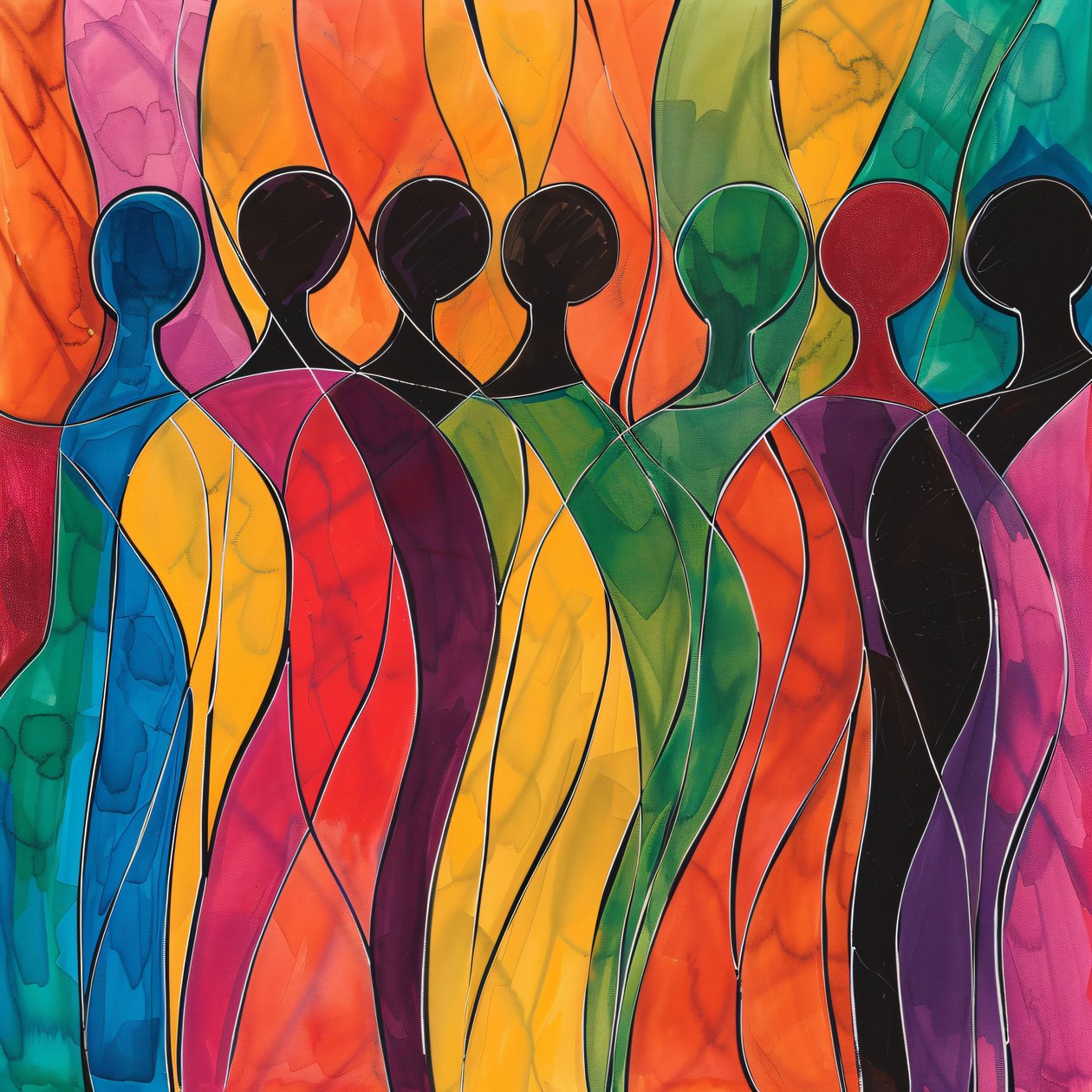 Multidão de pessoas numa obra de arte multicolorida, impressões em tela grande de F. Abderrahim