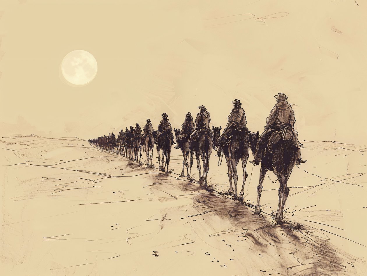 Desert Sun Procession Minimalist Single-Line Sketch, decoração de parede para venda de F. Abderrahim